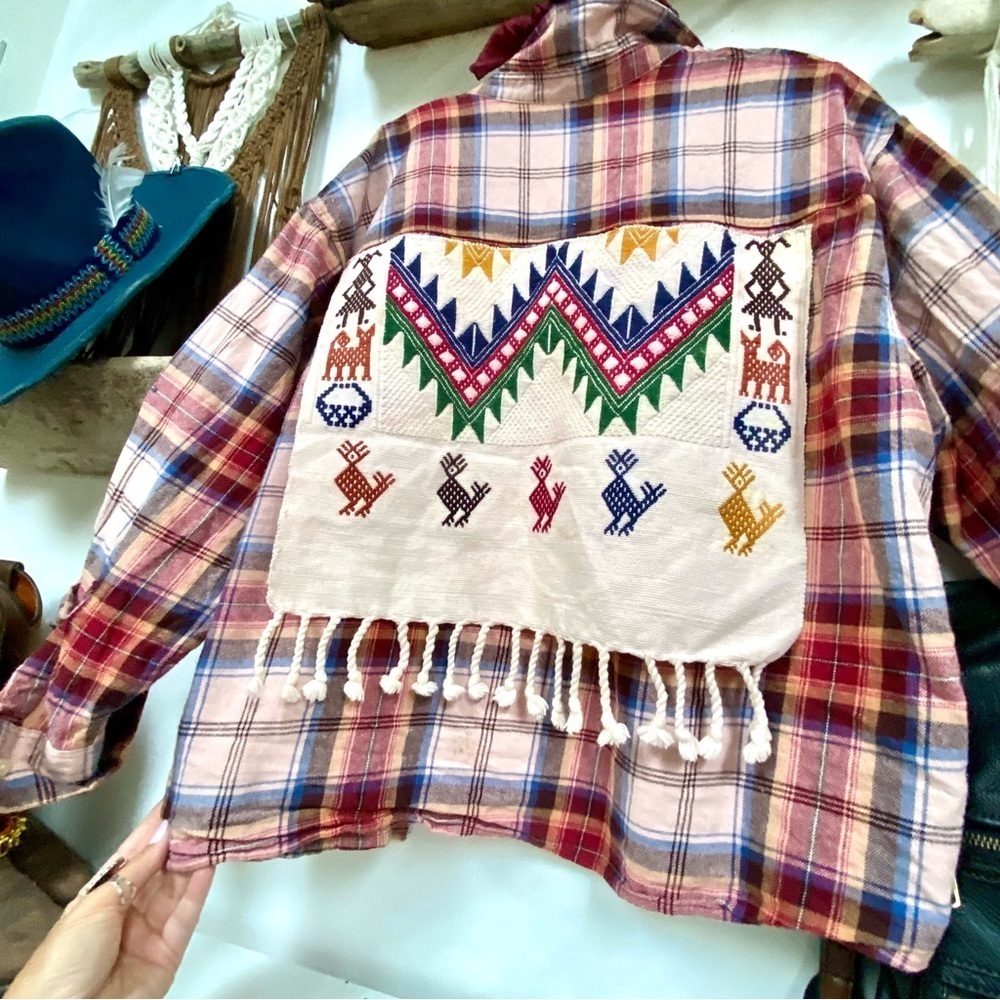Upcycled Navajo FRINGE flannel shirt w cabin southwestern vibe